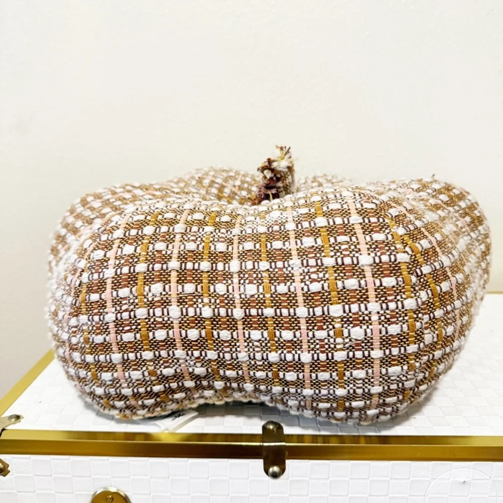 At Home Yarn Dyed Woven Pumpkin Shaped Boucle Tweed Throw Pillow NEW